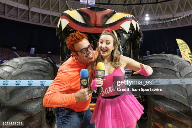 The hosts of Hot Wheels Monster Trucks Live, Freddie Sheppard and Marny Florence entertain fans at the Crash Zone Pre-Show Party before the show on...