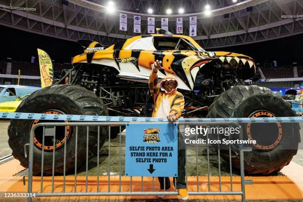Monster Truck Tiger Shark driver Bobby Holman greeting fans in a Halloween costume at the Crash Zone Pre-Show Party before Hot Wheels Monster Trucks...