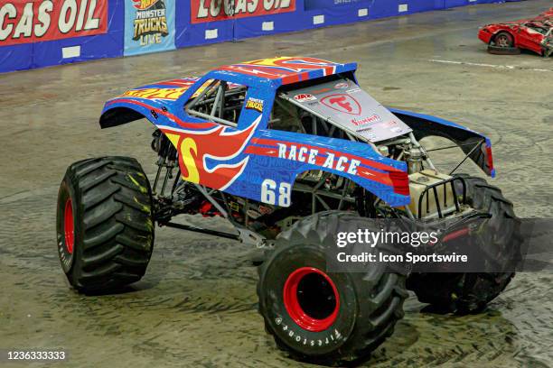 Monster Truck Race Ace driven by Darron Schnell doing stunts during Hot Wheels Monster Trucks Live on October 31 at Scope Arena in Norfolk, VA.