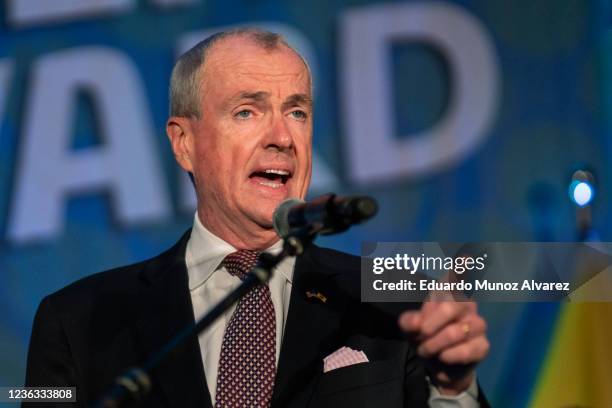 New Jersey Governor Phil Murphy gives a victory speech to supporters at Grand Arcade at the Pavilion on November 3, 2021 in Asbury Park, New Jersey....