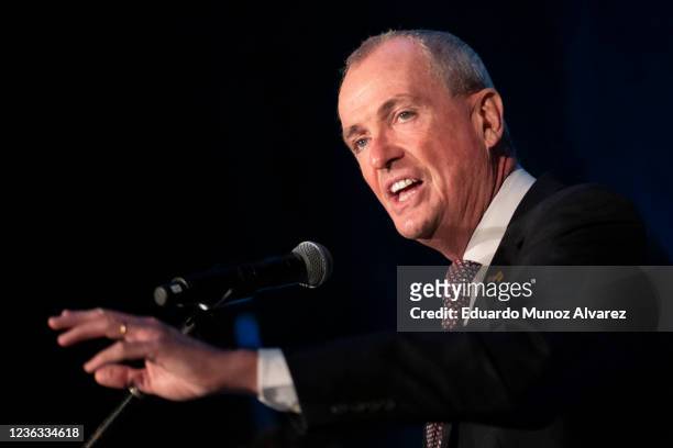 New Jersey Governor Phil Murphy delivers a victory speech to supporters at Grand Arcade at the Pavilion on November 3, 2021 in Asbury Park, New...