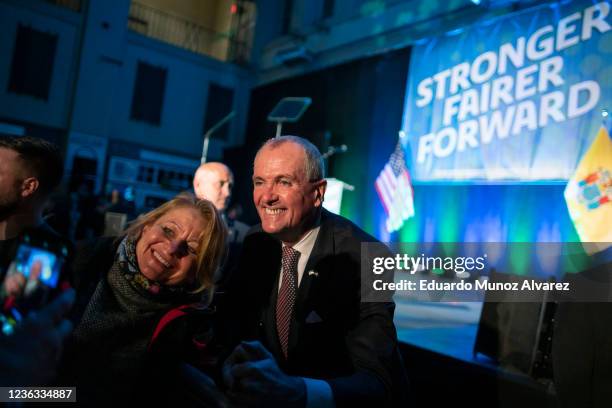 New Jersey Governor Phil Murphy greets supporters after delivering a victory speech to supporters at Grand Arcade at the Pavilion on November 3, 2021...