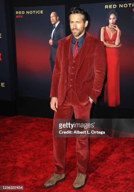 Ryan Reynolds arrives for the World Premiere Of Netflix's "Red Notice" held at L.A. LIVE on November 3, 2021 in Los Angeles, California.