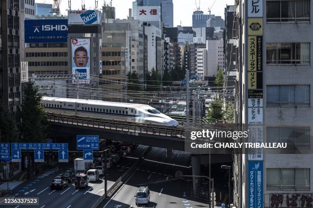 Shinkansen, or high speed bullet train, leaves Tokyo on November 4, 2021.