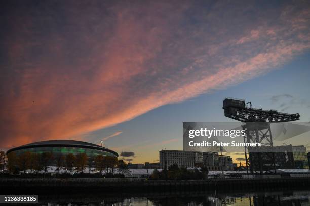 Sunrise is seen over the SEC Hydro, where the COP26 summit is being held, on November 4, 2021 in Glasgow, United Kingdom. Today COP26 will focus on...