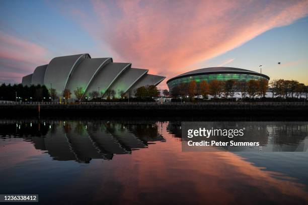 Sunrise is seen over the SEC Hydro, where the COP26 summit is being held, on November 4, 2021 in Glasgow, United Kingdom. Today COP26 will focus on...