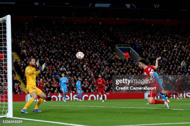 Liverpool's Diogo Jota scores the first goal during the UEFA Champions League group B match between Liverpool FC and Atletico Madrid at Anfield on...