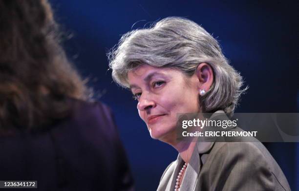 New UNESCO head Irina Bokova from Bulgaria listens to moderator Monique Canto-Sperber while attending a plenary session on October 17, 2009 during...