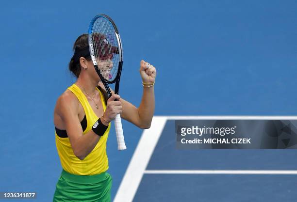 Ajla Tomljanovic of Australia reacts after she defeated Aliaksandra Sasnovich of Belarus in their tennis match of the Billie Jean King Cup finals...
