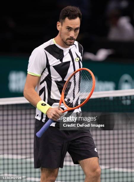 Gianluca Mager of Italy looks on during the Rolex Paris Masters - Day Two match between Felix Auger-Aliassime and Gianluca Mager at AccorHotels Arena...