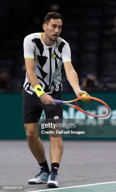 Gianluca Mager of Italy in action during the Rolex Paris Masters - Day Two match between Felix Auger-Aliassime and Gianluca Mager at AccorHotels...