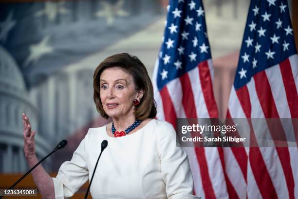 Speaker of the House Nancy Pelosi speaks during a weekly news conference at the U.S. Capitol building on November 4, 2021 in Washington, DC. Speaker...