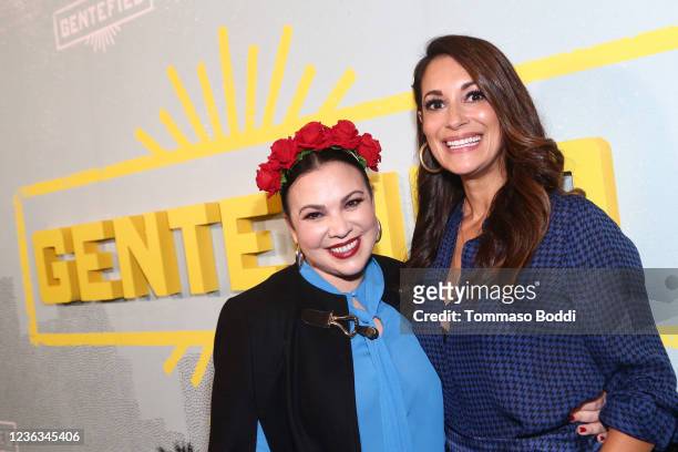 Gloria Calderon-Kellett and Angelique Cabral attend Gentefied Season 2 Celebrates A Taste Of The BLVD at BLVD MRKT on November 03, 2021 in...