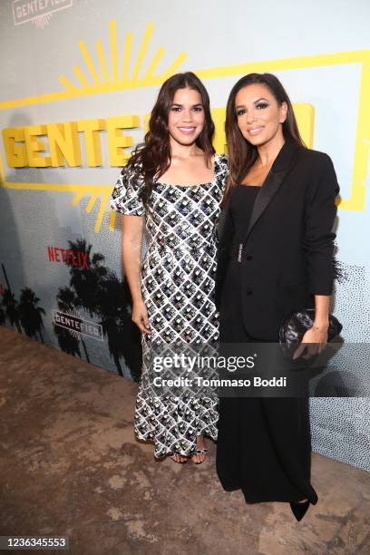 America Ferrera and Eva Longoria attend Gentefied Season 2 Celebrates A Taste Of The BLVD at BLVD MRKT on November 03, 2021 in Montebello, California.