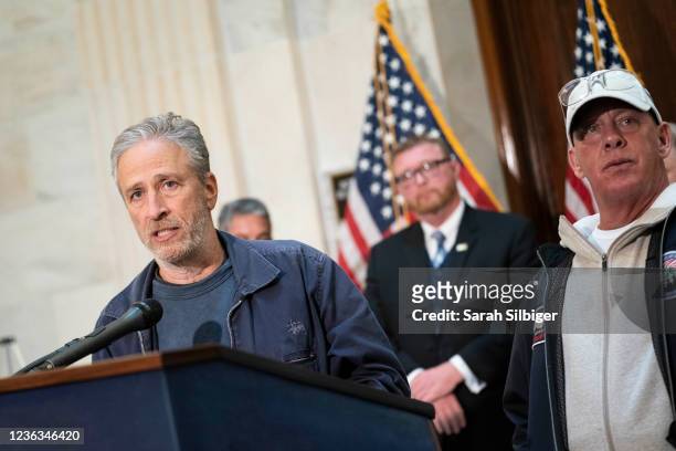 Jon Stewart speaks during a news conference promoting legislation that would provide healthcare to people exposed to toxic burn pits while serving in...