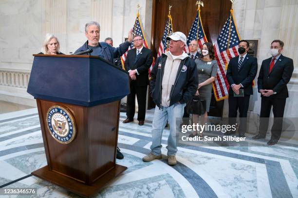 Jon Stewart speaks during a news conference promoting legislation that would provide healthcare to people exposed to toxic burn pits while serving in...