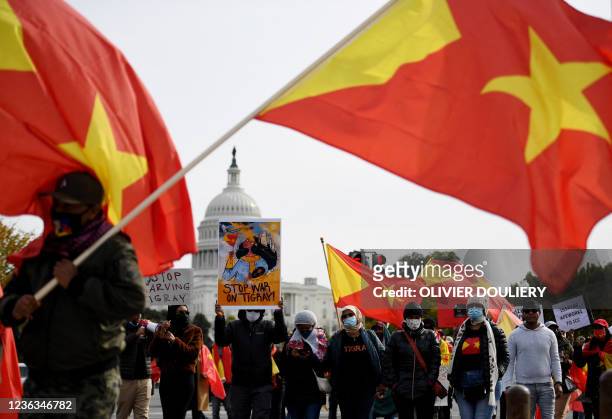 Demonstrators with Tigray flags and posters march on the National Mall in Washington, DC on November 4 marking the one-year anniversary of the...