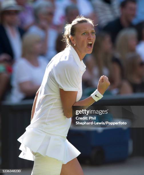 Petra Kvitova of the Czech Republic reacts after winning a point against Venus Williams of the United States in the women's singles third round...