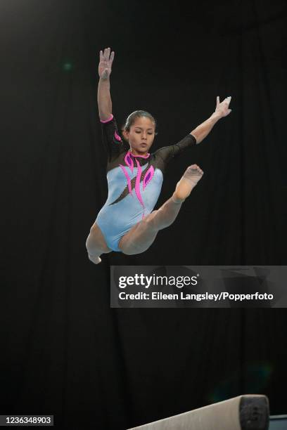 Jessica Lopez of Venezuela competing on balance beam during the FIG Artistic Gymnastics World Cup event at Kelvin Hall International Sports Arena on...