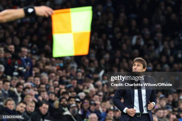 Tottenham manager Antonio Conte looks up as the offside flag is shown during the UEFA Europa Conference League group G match between Tottenham...