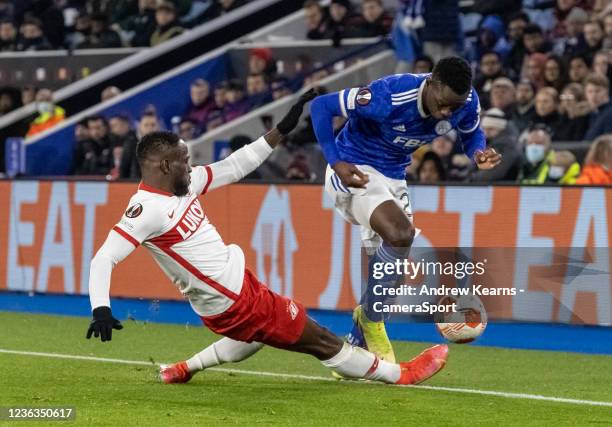 Leicester City's Patson Daka competing with Spartak Moscow's Victor Moses during the UEFA Europa League group C match between Leicester City and...