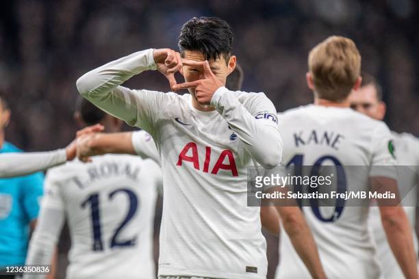 Heung-Min Son of Tottenham Hotspur celebrate after scoring the opening goal during the UEFA Europa Conference League group G match between Tottenham...
