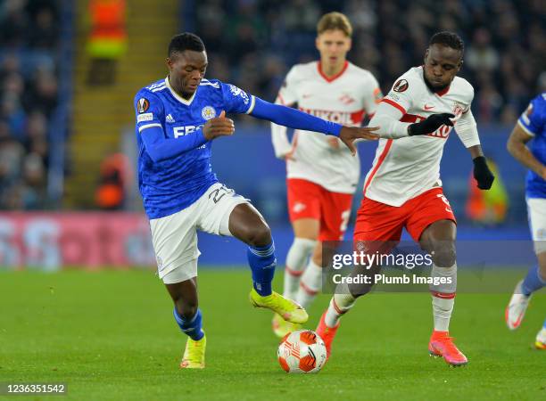 Patson Daka of Leicester City with Victor Moses of Spartak Moscow during the UEFA Europa League group C match between Leicester City and Spartak...