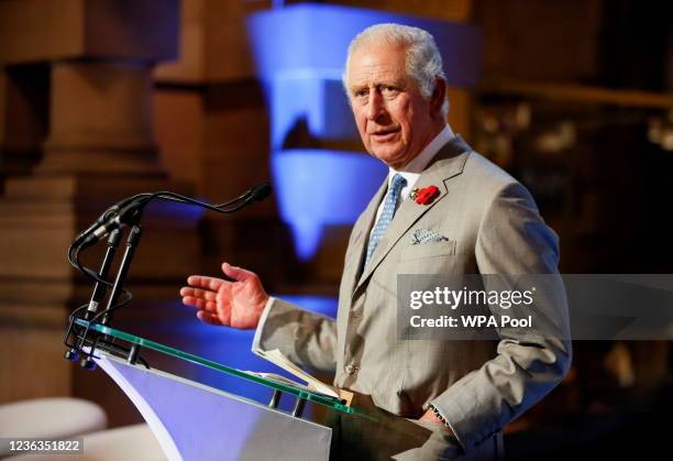 Britain's Prince Charles, Prince of Wales speaks during a reception at the Kelvingrove Art Gallery and Museum, on the sidelines of the UN Climate...