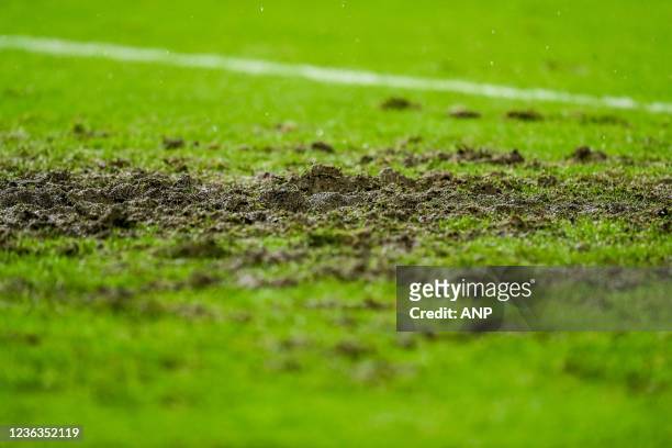 The pitch was damaged by rain during the Conference League game between Union Berlin and Feyenoord at the Olympiastadion on November 4, 2021 in...