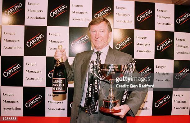 Manager Alex Ferguson of Manchester United with the Carling Manager of The Year award during the league managers association manager of the year...