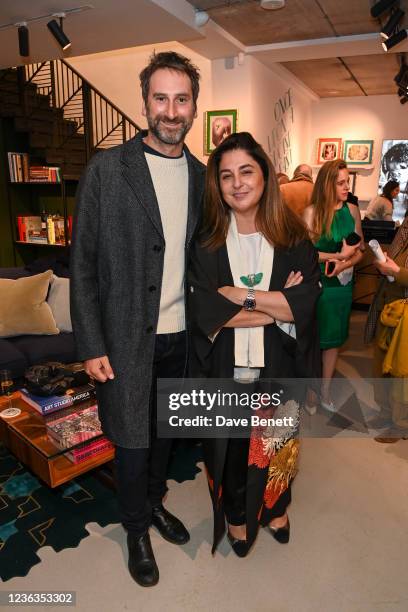 Idris Khan and Maryam Eisler attend a private view of "Once Upon A Turquoise Past" by artist Maryam Eisler at LINLEY on November 4, 2021 in London,...