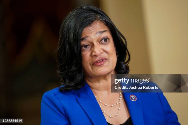 Rep. Pramila Jayapal speaks during an interview as House Democrats work on infrastructure and spending bills on Capitol Hill on November 4, 2021 in...