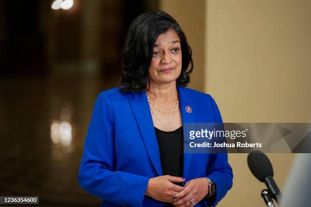 Rep. Pramila Jayapal speaks during an interview as House Democrats work on infrastructure and spending bills on Capitol Hill on November 4, 2021 in...