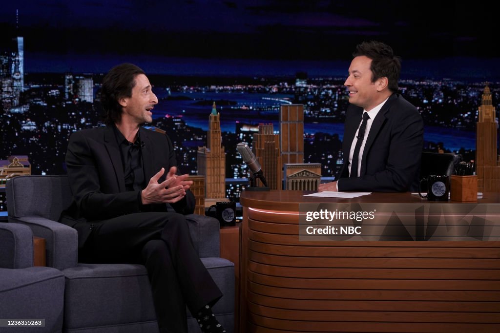 Jimmy Fallon Roles Actor Adrien Brody during an interview with host Jimmy Fallon on ...