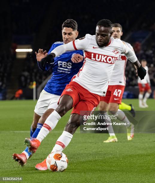 Leicester City's Ayoze Perez competing with Spartak Moscow's Victor Moses during the UEFA Europa League group C match between Leicester City and...