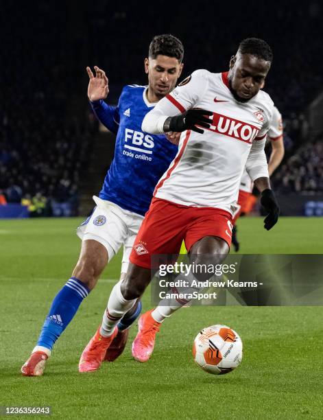 Leicester City's Ayoze Perez competing with Spartak Moscow's Victor Moses during the UEFA Europa League group C match between Leicester City and...