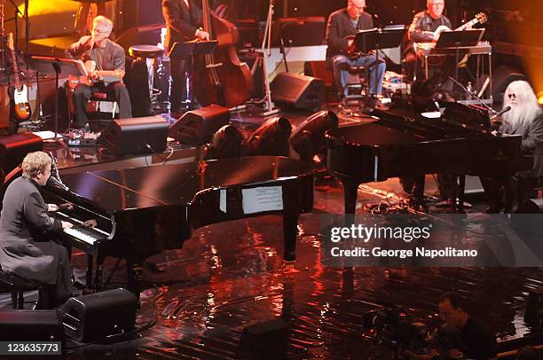 Elton John and Leon Russell perform on ABC's "Good Morning America" at the Beacon Theatre on October 20, 2010 in New York City.