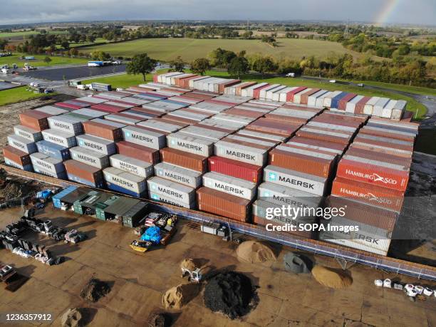 Shipping containers being stored away from the Felixstowe Docks in Eye, Suffolk. Currently there is a shipping crisis around the world and in the UK...