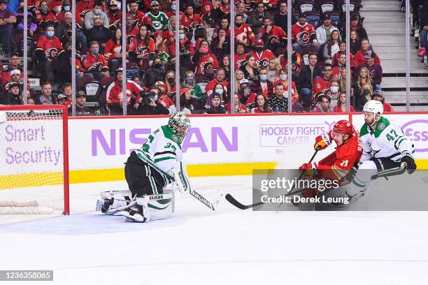 Mikael Backlund of the Calgary Flames takes a shot on Anton Khudobin of the Dallas Stars during an NHL game at Scotiabank Saddledome on November 4,...