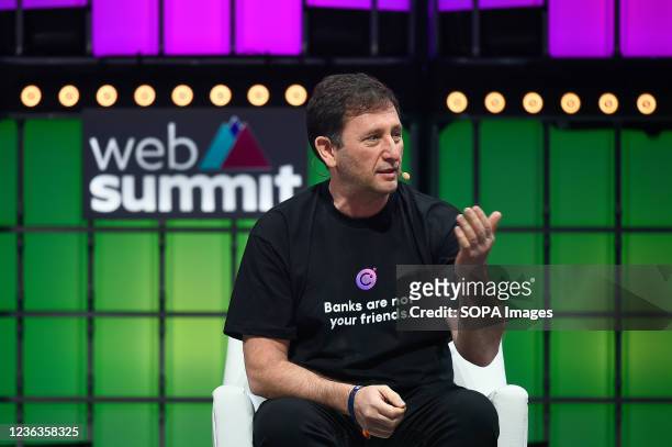 Alex Mashinsky, Founder and CEO at Celsius, addresses the audience during the last day of the Web Summit 2021 in Lisbon.