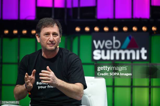 Alex Mashinsky, Founder and CEO at Celsius, addresses the audience during the last day of the Web Summit 2021 in Lisbon.