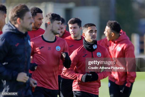 Yan Dhanda in action during a Swansea City training session at The Fairwood Training Ground on November 04, 2021 in Swansea, Wales.