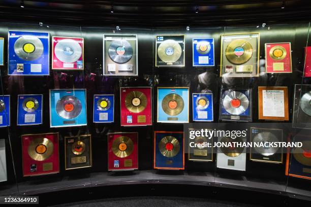 Golden records of the Swedish music band ABBA are displayed at the ABBA museum in Stockholm, Sweden on November 5, 2021. - ABBA's first album in 40...