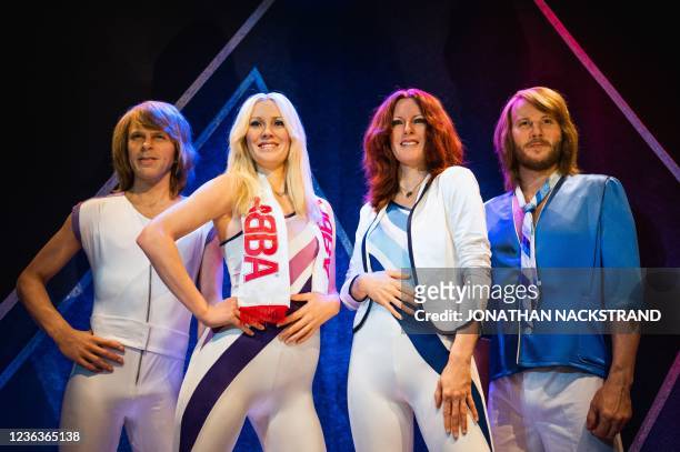Swedish music band ABBA's wax figures are displayed at the ABBA museum in Stockholm, Sweden on November 5, 2021. ABBA's first album in 40 years, "The...