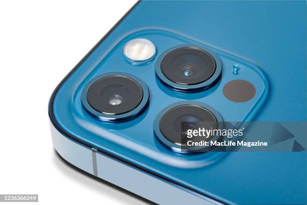 Detail of the triple camera on an Apple iPhone 12 Pro with a Pacific Blue finish, taken on October 28, 2020.