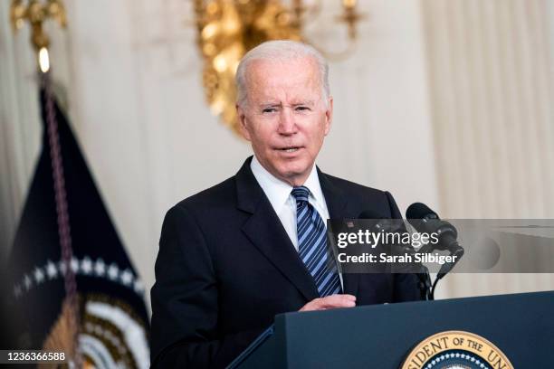 President Joe Biden delivers remarks on the October jobs reports in the State Dining Room at the White House on November 5, 2021 in Washington, DC....