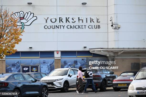 The white rose logo for Yorkshire County Cricket Club is pictured outside Headingley, the home of Yorkshire cricket on November 5, 2021. - Yorkshire...