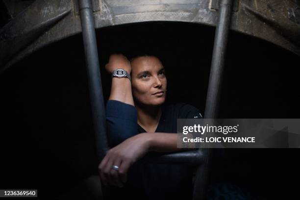 French skipper Marie Tabarly poses aboard the Imoca 60 monohull Kostum - Lantana Paysage which is mooring at the harbour of Le Havre, on November 5...