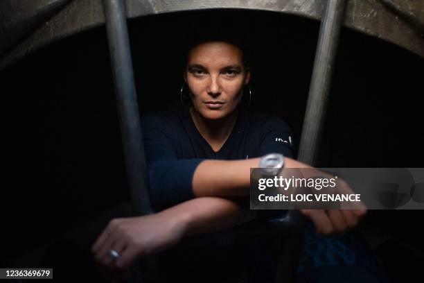 French skipper Marie Tabarly poses aboard the Imoca 60 monohull Kostum - Lantana Paysage which is mooring at the harbour of Le Havre, on November 5...