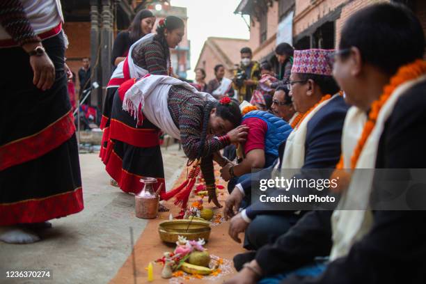 Nepalese people take part in a mass Mha: Pooja ceremony at Khokana, Lalitpur on Friday, November 5, 2021. Mha: Pooja meaning worshipping own bodies...